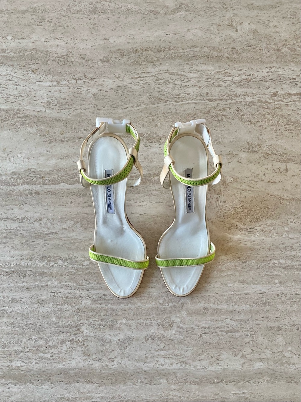 Vintage Manolo Blahnik Perforated Cloth Ankle Strap Buckle Sandal Heels